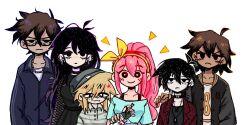 2girls 4boys :3 alternate_costume alternate_hairstyle alternate_universe antenna_hair aubrey_(faraway)_(omori) aubrey_(omori) bad_id bad_twitter_id basil_(faraway)_(omori) basil_(omori) beanie bespectacled black-framed_eyewear black_choker black_eyes black_gloves black_hair blonde_hair blue_jacket blue_nails blue_shirt blush brother_and_sister brothers brown_hair choker closed_mouth collarbone collared_jacket collared_shirt commentary dark-skinned_male dark_skin double-parted_bangs ear_piercing emori english_commentary face_piercing fingerless_gloves frown glasses gloves grey_hat grey_shirt hair_behind_ear hair_between_eyes hairband hat hero_(faraway)_(omori) hero_(omori) highres jacket jewelry kel_(faraway)_(omori) kel_(omori) long_hair long_sleeves looking_at_viewer mari_(faraway)_(omori) mari_(omori) mouth_piercing multiple_boys multiple_girls necklace off-shoulder_shirt off_shoulder omori piercing rectangular_eyewear semi-rimless_eyewear shirt short_hair short_sleeves siblings sidelocks simple_background smile smoking something_(omori) sunny_(omori) under-rim_eyewear white_background yellow_hairband yuilu_(yuiluqqq) 