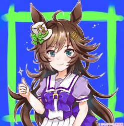  1girl ahoge animal_ears blue_eyes blush bow bowtie breasts brown_hair closed_mouth commentary hair_between_eyes hair_ornament hairclip hat highres horse_ears horse_girl kuromori_yako long_hair looking_at_viewer medium_breasts mini_hat mini_top_hat mr._c.b._(umamusume) pleated_skirt puffy_short_sleeves puffy_sleeves purple_bow purple_bowtie purple_shirt sailor_collar sailor_shirt school_uniform shirt short_sleeves skirt smile thumbs_up top_hat tracen_school_uniform umamusume untranslatable_commentary white_sailor_collar white_skirt 