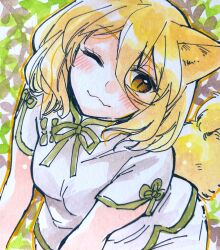  1girl :3 ;3 adapted_costume animal_ear_fluff animal_ears blonde_hair blush breasts closed_mouth commentary cowboy_shot dot_nose fox_ears fox_girl fox_shadow_puppet fox_tail green_ribbon green_trim hair_between_eyes head_tilt highres iori_(akaringo) kudamaki_tsukasa long_hair_between_eyes looking_at_viewer medium_hair neck_ribbon one_eye_closed orange_outline outline ribbon romper shikishi short_sleeves slit_pupils small_breasts smile solo split_mouth tail touhou traditional_media white_romper yellow_eyes 