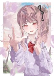  1other absurdres akiyama_mizuki blurry blurry_background blush border bow bowtie cardigan commentary_request crying crying_with_eyes_open day hand_up highres kamiyama_high_school_uniform_(project_sekai) long_sleeves looking_at_viewer open_mouth other_focus outdoors outside_border outstretched_hand pink_eyes pink_hair project_sekai purple_cardigan red_bow red_bowtie school_uniform side_ponytail sidelocks solo striped_bow striped_bowtie striped_clothes sugararu tears textless_version upper_body white_border 
