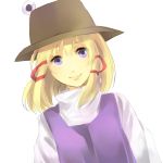  bad_id blonde_hair bust face hair_ribbon hat lips moriya_suwako purple_eyes ribbon short_hair simple_background sketch smile touhou 