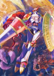 armor asymmetrical_dual_wielding cape claws digimoji digimon digimon_(creature) digimon_tamers digital_hazard dragon dual_wielding dukemon energy_lance full_body helmet highres holding holding_polearm holding_shield holding_weapon horns knight lance looking_at_viewer megidramon nimadj no_humans polearm red_cape red_eyes royal_knights_(digimon) sharp_teeth shield teeth weapon white_armor white_helmet yellow_eyes 