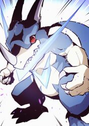  armor claws colored_skin commentary_request digimon digimon_(creature) dragon highres horns looking_at_viewer mitosupa_(qsiqydfz7nesh9w) open_mouth red_eyes sharp_teeth simple_background smile solo tail teeth v-dramon white_background 