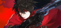  1boy absurdres black_gloves black_hair cloak cyrushisa final_fantasy final_fantasy_vii final_fantasy_vii_remake gloves gun hair_between_eyes headband highres holding holding_gun holding_weapon long_hair looking_at_viewer male_focus messy_hair red_background red_cloak red_eyes red_headband revolver solo torn_clothes upper_body vincent_valentine weapon 