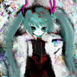  1girl :| abstract_background blue_eyes blue_hair closed_mouth commentary_request expressionless hatsune_miku highres hilty long_hair looking_ahead looking_at_viewer solo straight-on twintails upper_body vocaloid 
