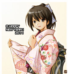  1girl 2000s_(style) 2011 bad_id black_hair black_sash blush bow brown_eyes brown_hair commentary_request grey_bow hair_bow hana_(hana_mo_arashi_mo) happy_new_year high_ponytail japanese_clothes kimono looking_at_viewer medium_hair obi open_mouth original pink_kimono ponytail sash smile solo upper_body yellow_background 