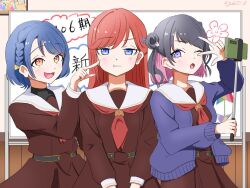  3girls :d :o ;o black_hair blue_eyes blue_hair brown_dress cardigan cellphone cheek_press colored_inner_hair commentary_request cowboy_shot double_bun dress fang hair_bun hasu_no_sora_106th_class hasu_no_sora_school_uniform holding indoors kinjo_maika long_hair long_sleeves love_live! love_live!_hasu_no_sora_jogakuin_school_idol_club medium_hair multicolored_hair multiple_girls neckerchief one_eye_closed open_cardigan open_clothes open_mouth orange_eyes parted_lips phone pink_hair purple_cardigan raised_eyebrow red_hair red_neckerchief reisawa_aoi sailor_collar sailor_dress school_uniform selfie_stick shinowa_mion short_hair skin_fang smartphone smile two_side_up violet_eyes white_sailor_collar whiteboard winter_uniform yukiti_ll 