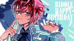  1boy absurdres black_eyes blue_background blue_jacket commentary_request english_text gaganu0000 handkerchief hands_up happy_birthday highres holding holding_handkerchief jacket korean_commentary looking_at_viewer male_focus open_clothes open_jacket parted_lips red_hair riddle_rosehearts short_hair solo twisted_wonderland upper_body 
