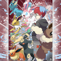  1girl :3 absurdres artist_name black-framed_eyewear blue_hair blue_sclera character_backpack closed_mouth colored_sclera commentary company_name copyright_notice eevee_backpack english_commentary eyelashes fang flareon from_side glasses grey_eyes grey_hoodie grey_pantyhose highres holding holding_poke_ball hood hood_down hoodie jolteon leafeon long_sleeves merchandise_available multicolored_hair official_style open_mouth outline pantyhose penny_(pokemon) poke_ball poke_ball_(basic) pokemon pokemon_(creature) pokemon_scarlet_and_violet pokemon_team print_pantyhose red_hair round_eyewear see-through_clothes see-through_skirt short_hair skirt smile standing sylveon tom_higgins two-tone_hair umbreon vaporeon very_short_hair watermark white_eyes white_outline 