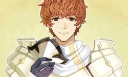  1boy armor conrad_(fire_emblem) cropped_hair fire_emblem fire_emblem_echoes:_shadows_of_valentia game_asset hidari_(left_side) holding holding_mask knight looking_at_viewer lowres mask official_art portrait red_eyes red_hair short_hair simple_background smile solo white_armor white_mask yellow_background 