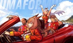  2boys 2girls animal_ears armband arms_up black_hair blue_sky blunt_bangs bow breasts brown_hair brown_hat brown_sailor_collar car charles_leclerc closed_eyes cropped_jacket dark-skinned_male dark_skin dress driving ferrari formula_one gloves gold_ship_(red_strife)_(umamusume) gold_ship_(umamusume) green_eyes grey_hair hair_between_eyes hat highres horse_ears horse_girl jacket kokuen lewis_hamilton long_hair long_sleeves maruzensky_(formula_r)_(umamusume) maruzensky_(umamusume) motor_vehicle multiple_boys multiple_girls open_mouth outdoors pantyhose pendant_choker pillbox_hat real_life red_dress red_jacket red_shirt sailor_collar shirt short_hair sky sleeveless sleeveless_dress smile striped_armband striped_clothes umamusume white_gloves white_pantyhose 