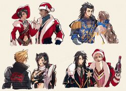  3girls 5boys aerith_gainsborough aerith_gainsborough_(prism_dress) armor black_coat black_hair black_jacket blonde_hair blue_eyes blue_jacket blue_ribbon blush bottle brown_hair cavalier_hat cloud_strife cloud_strife_(rider_style) coat commentary_request crop_top dark-skinned_male dark_skin dress epaulettes fake_beard fake_facial_hair final_fantasy final_fantasy_vii final_fantasy_vii:_ever_crisis fur-trimmed_headwear fur-trimmed_jacket fur_trim glasses glenn_lodbrok green_necktie hair_ribbon hat holding holding_bottle index_finger_raised jacket long_hair looking_at_another lucia_lin lucia_lin_(holiday_coat) matt_winsord matt_winsord_(holiday_helper) midriff minato_(ct_777) multiple_boys multiple_girls necktie official_alternate_costume red_eyes red_hat red_jacket ribbon santa_hat scarf shirt short_hair shoulder_armor simple_background smile spiky_hair tifa_lockhart tifa_lockhart_(armor_of_the_worthy) upper_body vincent_valentine vincent_valentine_(holiday_formal_wear) white_dress white_shirt zack_fair zack_fair_(shinra_full_dress_uniform) 