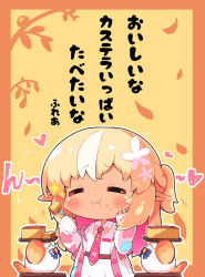  1girl :t =_= blonde_hair blush braid cake castella_(food) chibi chibi_only closed_eyes collared_dress commentary_request dark-skinned_female dark_skin dress eating elf elfriend_(shiranui_flare) flower food food_on_face fork hair_flower hair_ornament half_up_half_down_braid highres holding holding_fork hololive jacket long_hair multicolored_hair necktie nokiri official_alternate_costume official_alternate_hairstyle pink_jacket pointy_ears ponytail red_necktie shiranui_flare shiranui_flare_(hoodie) short_ponytail sidelocks solo streaked_hair tongue translation_request virtual_youtuber white_dress white_flower white_streaks 