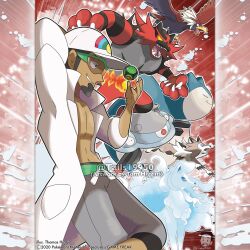  1boy absurdres alolan_ninetales arm_behind_head artist_name baseball_cap black_hair blue_eyes braviary claws closed_eyes closed_mouth coat colored_sclera commentary company_name copyright_notice dark-skinned_male dark_skin dusk_ball english_commentary facial_hair fang from_side goatee green_eyes grey-framed_eyewear grey_pants grin hat highres incineroar lab_coat long_sleeves lycanroc lycanroc_(midday) magnet magnezone male_focus merchandise_available official_style open_clothes open_coat open_mouth outline pants poke_ball pokemon pokemon_(creature) pokemon_sun_and_moon pokemon_team professor_kukui screw sharp_teeth short_hair smile snorlax sunglasses teeth tom_higgins v-shaped_eyes watermark white_coat white_hat white_outline yellow_sclera 