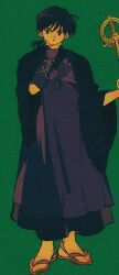  1boy adversarial_noise arm_up black_eyes black_hair black_robe blue_robe bracer film_grain full_body green_background hand_on_own_chin highres holding holding_staff inuyasha long_sleeves looking_to_the_side male_focus miroku_(inuyasha) open_mouth pikurusu ponytail robe sandals shakujou short_ponytail sideways_glance simple_background solo staff standing wide_sleeves 