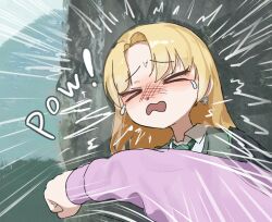 >_< 2girls black_robe blonde_hair blush canon_event clenched_hand closed_eyes collared_shirt commentary crying day diagonal-striped_clothes diagonal-striped_necktie earrings facing_viewer female_pov flying_sweatdrops furrowed_brow genderswap genderswap_(mtf) green_necktie hair_behind_ear hand_up harry_potter_(series) head_tilt hermione_granger hogwarts_school_uniform holding holding_wand jewelry long_hair malfoid motion_lines multiple_girls necktie nose_blush open_clothes open_mouth open_robe outdoors parted_bangs peanut_mouth pointing pointing_at_another pov pov_hands punching robe scared scene_reference school_uniform shirt sidelocks sleeves_past_wrists solo_focus sound_effects straight_hair striped_clothes striped_necktie tears upper_body wand white_shirt wizarding_world yukiho_(69865456) 