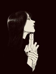  1girl black_background black_hair black_nails blunt_bangs finger_gun from_side greyscale hand_on_own_chin hand_to_head head_only highres hime_cut long_hair looking_to_the_side monochrome open_mouth original simple_background solo tp_p_pt 