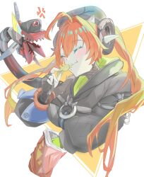  1girl 1other absurdres anger_vein bag_of_chips black_hat black_horns blush breasts chips_(food) closed_eyes closed_mouth commentary_request curled_horns dragon_girl dragon_horns eating fingerless_gloves food gloves hair_between_eyes happy hat highres horns large_breasts long_hair looking_at_another magus_(zenless_zone_zero) mechanical_horns mechanical_tail orange_hair orphie_magnusson pointy_ears potato_chips tail twintails upper_body xeno10290 zenless_zone_zero 