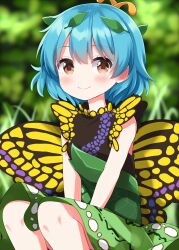  1girl antennae aqua_hair blurry blush breasts butterfly_wings closed_mouth commentary_request completion_time depth_of_field dress eternity_larva fairy green_dress hair_between_eyes highres insect_wings leaf leaf_on_head looking_at_viewer medium_hair multicolored_dress orange_eyes outdoors ruu_(tksymkw) small_breasts smile solo touhou wings yellow_wings 