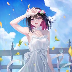  1girl alternate_costume arm_at_side arm_up armpits azki_(3rd_costume)_(hololive) azki_(hololive) back_bow black_hair blue_sky bow bracelet breasts choker clouds colored_inner_hair commentary_request cowboy_shot double-parted_bangs dress empire_waist falling_petals fingernails flower_bracelet flower_choker flower_wreath frilled_choker frilled_dress frills halter_dress halterneck head_wreath highres hololive jewelry lens_flare makino_hazuki_(s001_hazuki) mole mole_under_eye multicolored_hair open_mouth outdoors petals pink_hair presenting_own_armpit railing raised_eyebrows sash shading_eyes sky small_breasts smile solo spaghetti_strap sundress violet_eyes virtual_youtuber waist_sash white_choker white_dress 