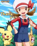  1girl brown_eyes brown_hair hand_on_hip hat hat_ribbon kotone_(pokemon) lowres open_mouth outdoors pichu pokegear pokemoa pokemon pokemon_(creature) pokemon_(game) pokemon_gsc red_ribbon ribbon spiky-eared_pichu wink 