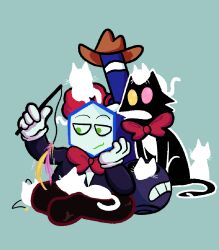  1other 2boys alt_text animal animal_costume animal_ears animal_in_clothes animal_on_head aqua_background behind_another between_legs black_jacket bomb bow bowtie brown_hat cat cat_between_legs cat_costume cat_ears cat_mike_(deltarune) cat_on_head cat_teaser closed_mouth colored_lineart commentary cowboy_hat cowboy_hat_mike deltarune english_commentary explosive full_body fuse gloves green_eyes green_pippins hand_up hands_up hat head_on_hand head_rest heterochromia highres holding holding_animal holding_cat invisible_floor jacket jaggy_lines kikky_(deltarune) mascot_costume mascot_head mike_crew_(deltarune) mimikabii motion_lines multiple_boys no_pupils on_head open_mouth pink_eyes pippins_(deltarune) red_bow red_bowtie red_gloves shadowguy_(deltarune) silhouette simple_background sitting small_mike_(deltarune) smile solid_eyes tail_mouth toon_(style) utdr_(toby_fox) v-neck whiskers white_gloves white_mouth yellow_eyes zapper_(deltarune) 
