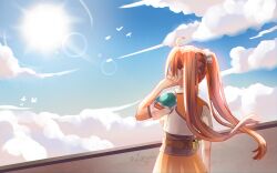  1girl ahoge armor artist_name belt belt_pouch bird blue_sky brown_belt brown_hair clouds commentary cowboy_shot cropped_jacket day eiyuu_densetsu english_commentary estelle_bright finger_to_cheek floating_hair from_behind hairband hand_up highres jacket laicynia lens_flare long_hair looking_at_sky metal_hairband orange_skirt outdoors pauldrons pouch short-sleeved_jacket short_sleeves shoulder_armor sidelocks signature single_pauldron skirt sky solo sora_no_kiseki sora_no_kiseki_sc sun sun_glare twintails twitter_username underbust very_long_hair white_bird white_jacket wind 