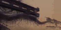  absurdres artist_name brown_theme building casver_w commentary creature english_commentary highres in-universe_location industrial_pipe monochrome no_humans outdoors overgrown plant rain_world scenery slugcat spearmaster_(rain_world) wide_shot 