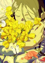  1girl bug butterfly closed_eyes colored_eyelashes commentary_request covered_mouth crossed_arms eyelashes flower flower_request hair_between_eyes highres hug long_hair long_sleeves original pink_flower smelling smelling_flower solo tsukii_(t_s_u_k_i_i) white_butterfly yellow_flower 
