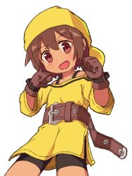  1girl :d bandana belt bike_shorts brown_belt brown_eyes brown_gloves brown_hair child clenched_hands commentary dark-skinned_female dark_skin dress fang gloves highres large_belt open_mouth raised_fists razzy short_hair smile solo summon_night summon_night:_swordcraft_story white_background yellow_bandana yellow_dress 