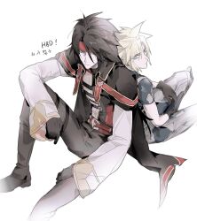  2boys absurdres back-to-back belt black_boots black_cape black_gloves black_hair black_pants blonde_hair blue_eyes boots cape cloud_strife final_fantasy final_fantasy_vii final_fantasy_vii_remake final_fantasy_vii_revelation gloves hair_between_eyes happy_birthday headband highres invisible_chair lily_(shio1006) long_hair long_sleeves male_focus multiple_boys official_alternate_costume pants red_eyes red_headband short_hair short_sleeves simple_background sitting spiky_hair vincent_valentine white_background 