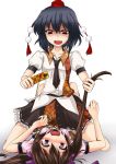  black_hair blush brown_hair bullying cellphone cellphone_camera girl_on_top hair_pull hat himekaidou_hatate long_hair multiple_girls necktie open_mouth phone red_eyes shameimaru_aya shimo_(depthbomb) short_hair straddle tokin_hat touhou 