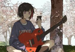  1girl bang_dream! bang_dream!_girls_band_party! black_hair black_socks blue_sweater bob_cut cellphone cherry_blossoms closed_mouth clothes_writing commentary_request dappled_sunlight electric_guitar feet_out_of_frame gibson_les_paul guitar hand_up highres holding holding_phone indian_style instrument kalsept kneehighs long_sleeves looking_at_phone mitake_ran multicolored_hair on_ground outdoors petals phone pink_petals red_streaks short_hair sitting smartphone socks solo streaked_hair sunlight sweater tree tree_shade violet_eyes 