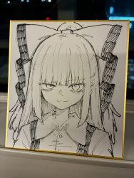  1girl bow closed_mouth collared_shirt commentary_request fujiwara_no_mokou hair_bow highres hisha_(kan_moko) long_hair looking_at_viewer photo_(medium) shikishi shirt smile solo suspenders touhou traditional_media upper_body 