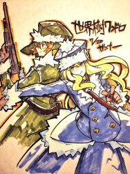  1boy 1girl blonde_hair blue_coat blue_hat brown_gloves brown_hair buttons character_hat_ornament closed_mouth coat commentary_request cowboy_shot double-breasted fur-trimmed_headwear fur_trim gloves green_coat green_hat gun gunner_(sekaiju) gunner_1_(sekaiju) gunner_2_(sekaiju) haruyasai_(sanbunno) hat holding holding_gun holding_weapon jack_frost_(megami_tensei) long_hair outstretched_arm pom_pom_(clothes) profile sekaiju_no_meikyuu sekaiju_no_meikyuu_2 short_hair traditional_media translation_request ushanka weapon 