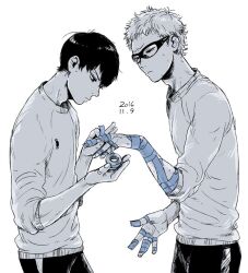  2boys adam's_apple bandaid bandaid_on_arm bandaid_on_finger bandaid_on_hand commentary dated from_side glasses greyscale haikyuu!! kageyama_tobio long_sleeves male_focus monochrome multiple_boys pants rectangular_eyewear short_hair simple_background sweat tsukishima_kei very_short_hair white_background zkakq 