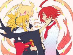  adell_(disgaea) black_gloves black_kimono chinese_new_year chinese_zodiac commentary couple disgaea dress english_commentary gloves hand_on_another's_head happy_new_year highres japanese_clothes kimono makai_senki_disgaea_2 new_year puffphox red_scarf rozalin scarf shirt white_shirt year_of_the_ox 