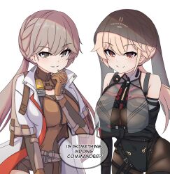  2girls absurdres bare_shoulders black_groza_(girls'_frontline_2) black_hair black_leotard black_veil blush bodysuit breasts brown_hair commentary cosplay costume_switch covered_navel english_text girls'_frontline_2:_exilium girls_frontline gloves grin groza_(girls'_frontline_2) hair_between_eyes hand_on_own_face hand_up highleg highleg_leotard highres jacket large_breasts leotard looking_at_viewer medium_breasts multiple_girls open_clothes open_jacket orange_eyes ots-14_(girls'_frontline) ponytail risu_(risu028) see-through_clothes see-through_veil shorts smile smug thigh_gap twintails veil white_jacket yellow_eyes 