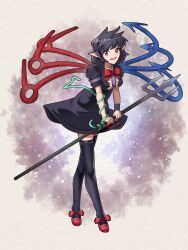  1girl asymmetrical_wings black_dress black_hair black_thighhighs blue_wings bow bowtie breasts buttons commentary crossed_legs dress english_commentary footwear_bow full_body galaxy highres holding holding_polearm holding_weapon houjuu_nue leaning_forward looking_at_viewer mary_janes medium_breasts nue_day open_mouth pointy_ears polearm red_bow red_bowtie red_eyes red_wings shoes short_hair short_sleeves smile snake solo spiky_hair standing thigh-highs touhou trident watson_cross weapon white_background wings wristband zeew 