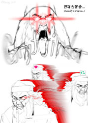  1boy absurdres afterimage albus_dumbledore beard commentary_request english_text eye_trail facial_hair glasses glowing glowing_eyes harry_potter_(series) hat highres hyang_zo95 korean_commentary korean_text light_trail like_and_retweet long_hair male_focus multiple_views open_mouth sketch spot_color twitter_username wizarding_world 