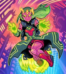  1girl black_jacket building cityscape cyberpunk cyborg dan_hipp dress english_commentary floating glitch glowing_hands green_hair grid halftone halftone_background jacket levitation marvel marvel_snap official_art pink_skirt pink_theme red_dress robot_girl science_fiction skin_seams skirt skyscraper vivian_vizion yellow_eyes 