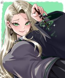 1girl absurdres black_nails black_robe black_sweater_vest blonde_hair closed_mouth earrings genderswap genderswap_(mtf) green_eyes harry_potter_(series) highres hogwarts_school_uniform holding holding_wand hoop_earrings jewelry long_hair looking_at_viewer malfoid nail_polish robe school_uniform smile solo sweater_vest very_long_hair waifuviolenta wand wizarding_world 