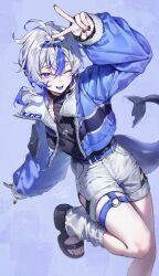  1other 46_coffee ahoge arm_up belt black_jacket black_nails black_sandals black_shirt blue_background blue_belt blue_eyes blue_hair blue_jacket blue_streaks collarbone commentary ear_piercing english_commentary fingernails fins fish_tail foot_out_of_frame hair_between_eyes highres jacket jewelry leg_up legs long_sleeves looking_at_viewer loose_socks multicolored_hair multicolored_jacket nail_polish necklace one_eye_closed open_clothes open_jacket open_mouth original piercing sandals sharp_teeth shirt short_hair shorts signature simple_background socks streaked_hair tail teeth toenail_polish toenails two-tone_hair unzipped v white_hair white_jacket white_shorts white_socks zipper 
