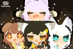  +_+ 4girls 888hatimittu :< absurdres animal_ear_fluff animal_ears black_hair blue_eyes brown_eyes brown_hair cat_ears cat_girl commentary_request crying crying_with_eyes_open dog_ears dog_girl fox_ears fox_girl hair_ornament highres hololive inugami_korone multiple_girls necktie nekomata_okayu ookami_mio open_mouth purple_hair red_hair red_necktie shirakami_fubuki tears white_hair wolf_ears wolf_girl yellow_eyes 