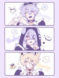  3boys ^_^ alternate_costume animal_ears antenna_hair bandaid bandaid_on_face bell black_bow black_choker black_dress black_hood blonde_hair blue_flower blush border bow cat_boy cat_ears character_name checkered_background choker closed_eyes closed_mouth collared_dress commentary crossdressing crossdressing_(mtf) crossed_bangs cup dog_boy dog_ears doughnut dress enmaided eyepatch fang fangs floppy_ears flower food four-pointed_star frilled_dress frills gold_choker grey_hair hair_between_eyes hair_ornament happy heart heart_hands highres honkai:_star_rail honkai_(series) juliet_sleeves kemonomimi_mode long_hair_between_eyes long_sleeves looking_at_viewer maid maid_headdress male_focus multiple_boys multiple_persona neck_bell neck_tattoo one_eye_closed open_mouth phainon_(flame_reaver)_(honkai:_star_rail) phainon_(honkai:_star_rail) phainon_(khaslana)_(honkai:_star_rail) plate pudding puffy_long_sleeves puffy_sleeves purple_border purple_pupils saden_meow short_hair shy smile speech_bubble spoken_sweatdrop spoon star_(symbol) star_choker sugar_cube sun_symbol sun_tattoo sweatdrop tattoo tea teacup teeth tongue turtleneck turtleneck_dress untranslatable_commentary violet_eyes white_background x_hair_ornament yellow_eyes 