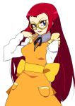  alternate_hairstyle bespectacled bow dress glasses long_hair musashi_(pokemon) pokemon pokemon_(anime) red_hair redhead simple_background smile solo white_background 