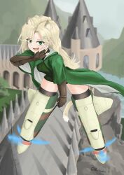  1girl absurdres animal_ear_fluff animal_ears black_thighhighs blonde_hair brown_gloves building cat_ears cat_girl cat_tail commentary deadinonehit east-west_crossover english_commentary extra_ears fingerless_gloves flying full_body gloves green_eyes green_robe green_sweater hair_ornament hairclip harry_potter_(series) highres hogwarts holding holding_wand in-universe_location kemonomimi_mode lake long_hair looking_at_viewer malfoid ojou-sama_pose open_mouth outdoors parallel_hairclips parted_bangs propeller robe school side_part sky solo spire strike_witches striker_unit sweater tail teeth thigh-highs tree turtleneck turtleneck_sweater twitter_username valley vambraces wand wide_sleeves window wizarding_world world_witches_series 