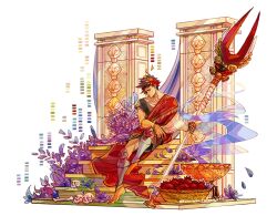  1boy barefoot black_hair closed_mouth collarbone eriochromatic food fruit full_body hades_(series) hades_1 highres holding holding_polearm holding_weapon incense laurel_crown male_focus petals polearm pomegranate short_hair simple_background sitting skull solo weapon white_background zagreus_(hades) 