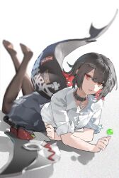  1girl ailiailiai_7th black_hair breasts candy choker colored_inner_hair commentary ellen_joe ellen_joe_(on_campus) fins fish_tail food full_body highres holding holding_candy holding_food holding_lollipop large_breasts large_tail lollipop looking_at_viewer lying multicolored_hair no_shoes official_alternate_costume on_stomach pantyhose parted_lips red_eyes red_hair shark_girl shark_tail shirt short_hair skirt solo tail white_shirt zenless_zone_zero 