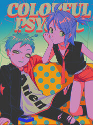  1boy 1girl absurdres alien antennae aqua_hair belt black_eyeliner black_eyes black_eyeshadow black_shirt blue_eyes blue_hair choker collarbone colored_skin colorful_psychic commentary_request constricted_pupils couch earrings eyeliner eyeshadow fang faux_retro_artstyle handheld_game_console highres jacket jewelry kneeling makeup medium_hair menma_(enaic31) necktie on_couch original pants pink_skin polka_dot red_necktie red_shorts ryosuke_(enaic31) shion_(enaic31) shirt short_hair short_shorts shorts sitting sleeveless sleeveless_shirt star_(symbol) torn_clothes torn_pants white_belt white_choker 
